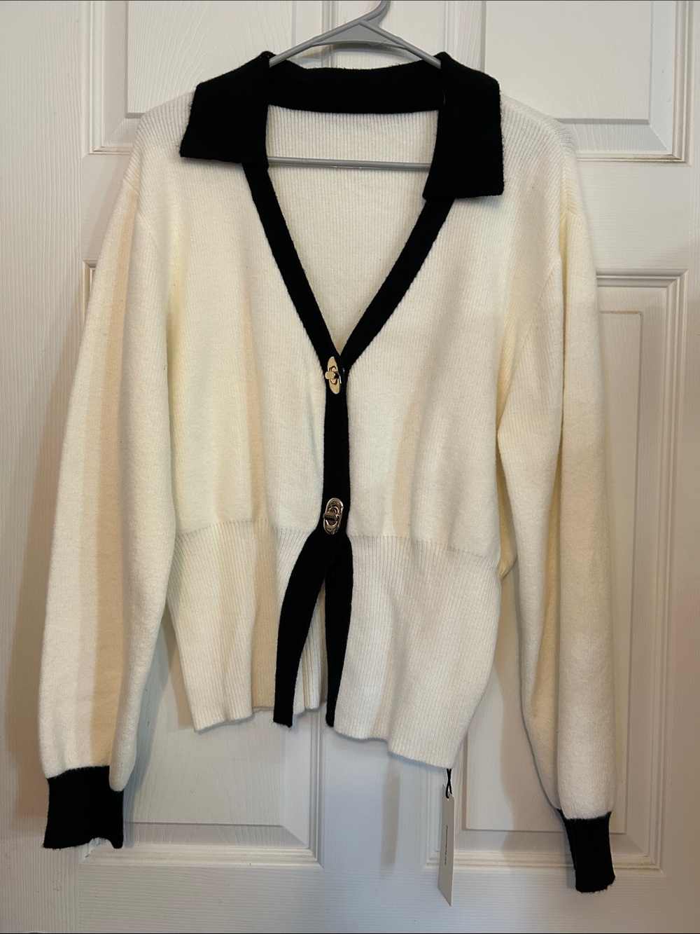 Commense Contrast Trim Button Wool Blend Cream Cardigan with Black Trim - Picture 3 of 7